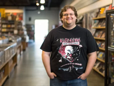 A man wears a Killer Klowns from Outer Space T-shirt in a comic shop, showcasing horror and pop culture merchandise.