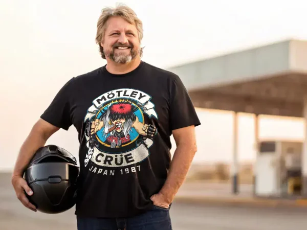 A man wearing a Mötley Crüe vintage band t-shirt, holding a motorcycle helmet, standing outdoors.
