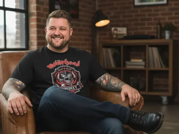 Smiling man with tattoos seated comfortably in modern loft.