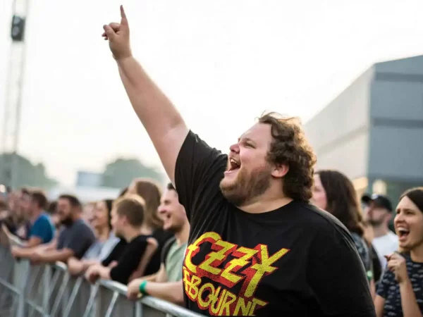 Enthusiastic man raising his hand during live outdoor music concert, crowd enjoying the event.