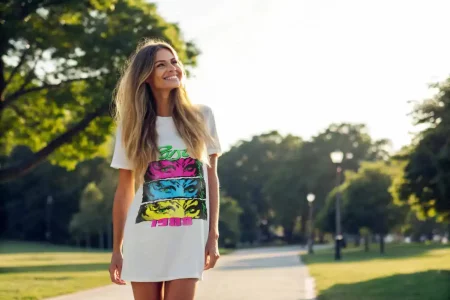 Stylish woman outdoors wearing a colorful pop art graphic T-shirt, enjoying sunny day in the park.