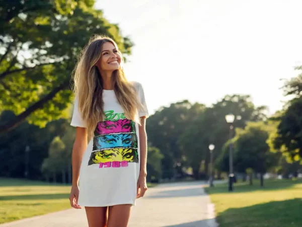Stylish woman outdoors wearing a colorful pop art graphic T-shirt, enjoying sunny day in the park.