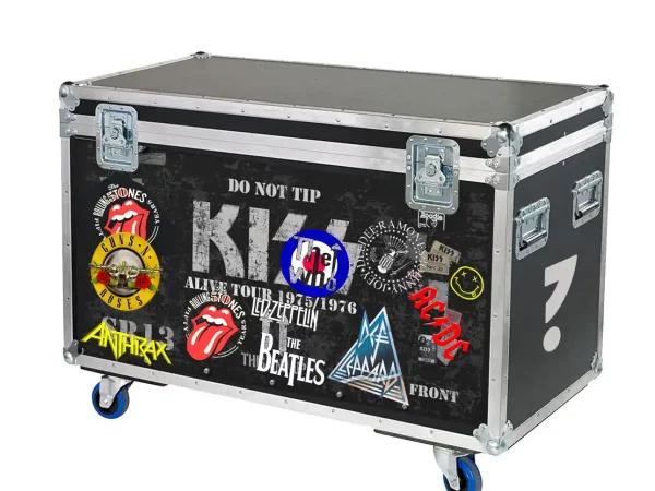 Flexible storage case covered in rock band stickers, suitable for music equipment or travel.