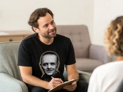 A man and a woman engaging in a therapy or counseling session in a comfortable, private setting.