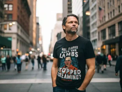 Man wearing a black T-shirt with humorous graphic and text standing in busy city street at dusk.