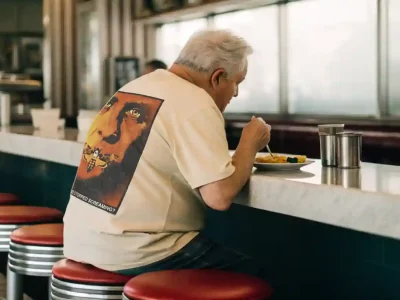 An elderly man with white hair eats alone at a retro diner counter, sitting on red stools, enjoying a meal on a sunny day.