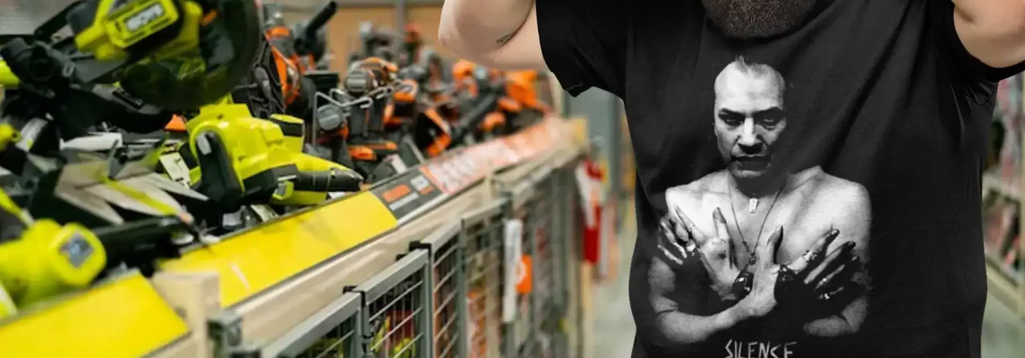 Power drill and cordless tools on display in store aisle.