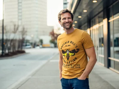 Men's yellow graphic t-shirt featuring Buffalo Bill's insect-themed illustration and humorous text.