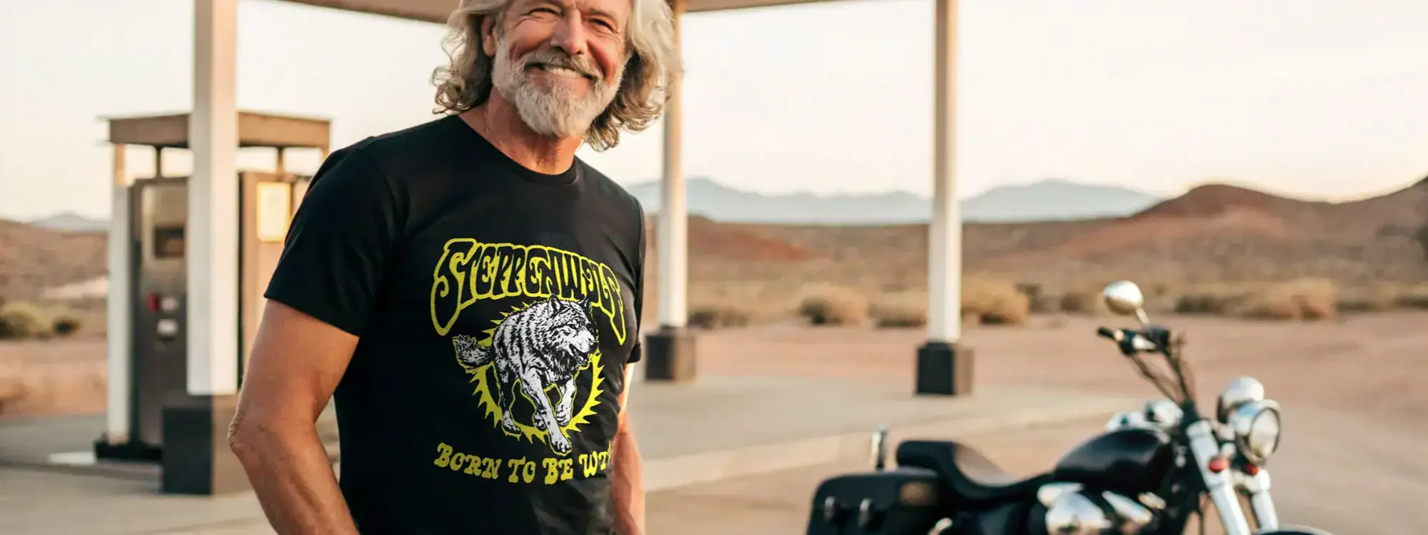 A mature man wears a stylish graphic t-shirt with a motorcycle design, standing beside a cruiser motorcycle in a remote desert area.