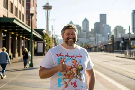 Smiling man giving a thumbs-up on city street, showcasing unique graphic tee in front of Seattle skyline.