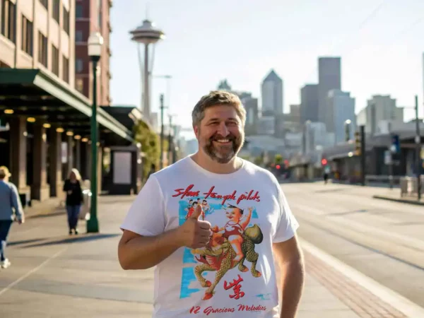 Smiling man giving a thumbs-up on city street, showcasing unique graphic tee in front of Seattle skyline.