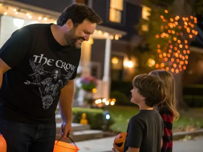 Family enjoying Halloween trick-or-treating outdoors with lanterns, costumes, and festive lighting setup.