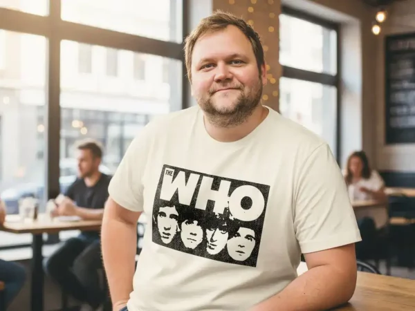 Famous band T-shirt, musician band apparel, casual cafe style, music lover outfit.