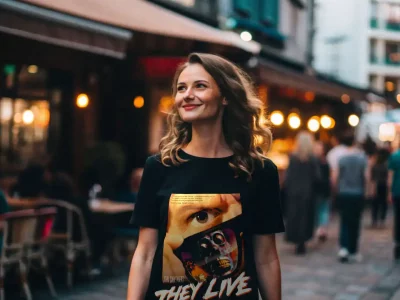 Urban streetwear T-shirt featuring bold graphic design and pop culture art. Perfect for trendy outings and social events.