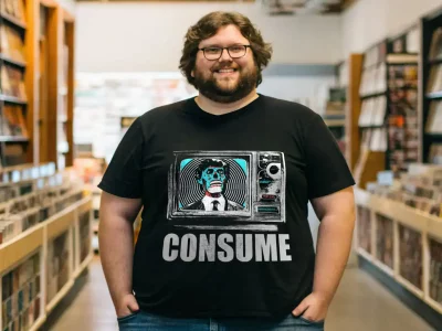 Men's pop culture T-shirt featuring skeleton TV graphic and "Consume" slogan, ideal for trendy fashion.