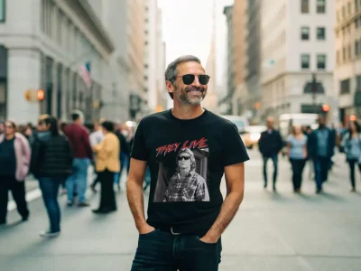 A man with sunglasses smiling while walking in a busy city street, wearing a graphic t-shirt and casual jeans.