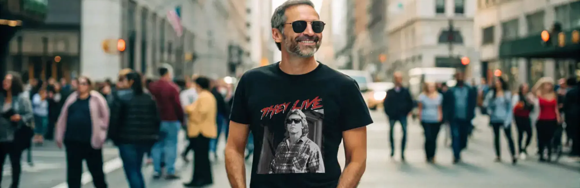 A man with sunglasses smiling while walking in a busy city street, wearing a graphic t-shirt and casual jeans.