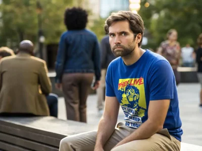 Portrait of a man with a serious expression wearing a colorful graphic T-shirt, sitting outdoors on a park bench with people in the background.
