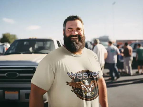 Smiling man in trendy "Weezer" t-shirt at outdoor car meet or festival, sunny day.