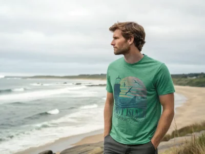 Seaside man wearing a green graphic t-shirt enjoying ocean view at the beach.