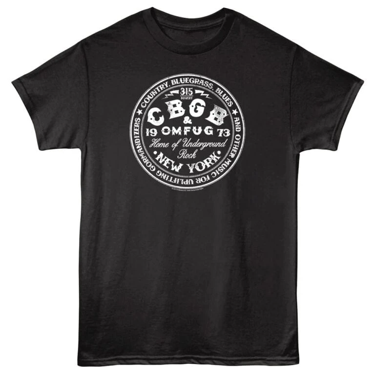 Classic black T-shirt with white underground rock, blues, and vintage band print.