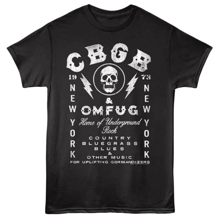 Black T-shirt featuring skull, lightning bolts, and gothic text for punk and goth music fans.