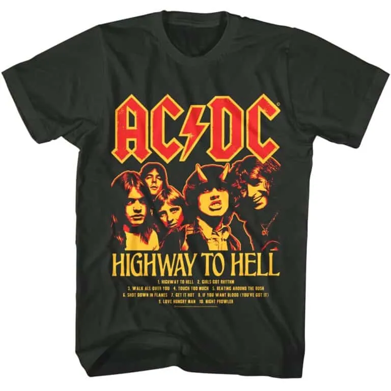 High-quality AC/DC Highway to Hell rock band t-shirt with vintage design.