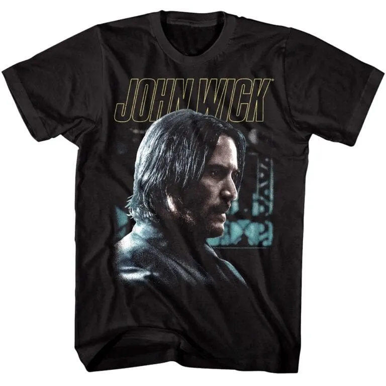 John Wick action movie t-shirt with character portrait and stylish text print.