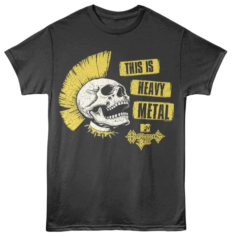 A black T-shirt featuring a skull and bold "This is Heavy Metal" text, perfect for metal music fans and rock enthusiasts.