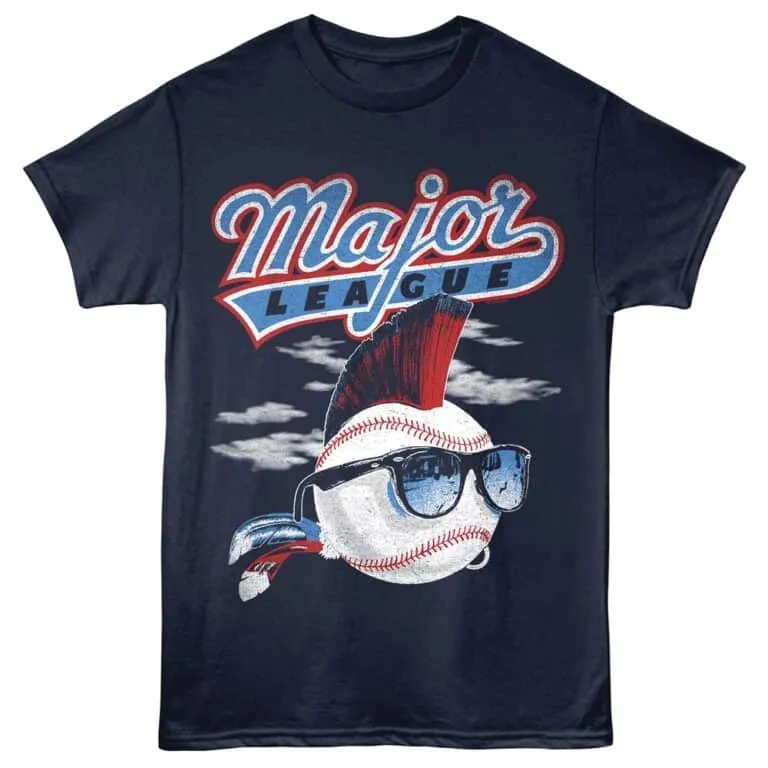 Baseball t shirt featuring Major League logo, cool character with sunglasses for fans.