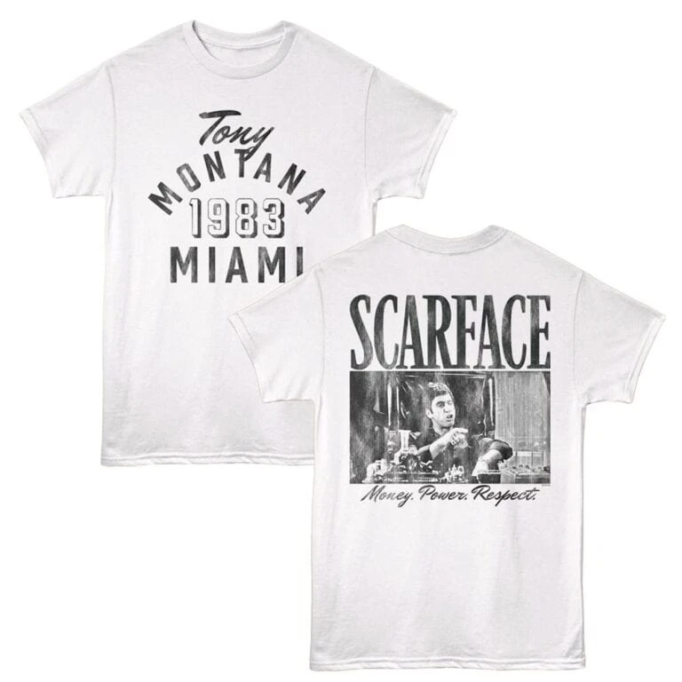 High-quality graphic t-shirt featuring Tony Montana Miami 1983 and Scarface with quote for fans.