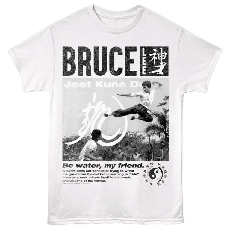 Bruce T-Shirt featuring martial arts action, Chinese characters, and yin-yang symbol, perfect for martial arts enthusiasts.