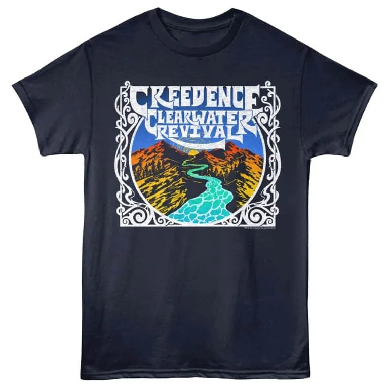 Vintage CCR band T-shirt featuring Creedence Clearwater Revival logo and scenic mountain river design.