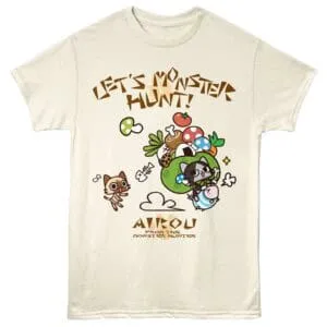 Colorful monster and animal illustration on a T-shirt with playful design for monster hunters.