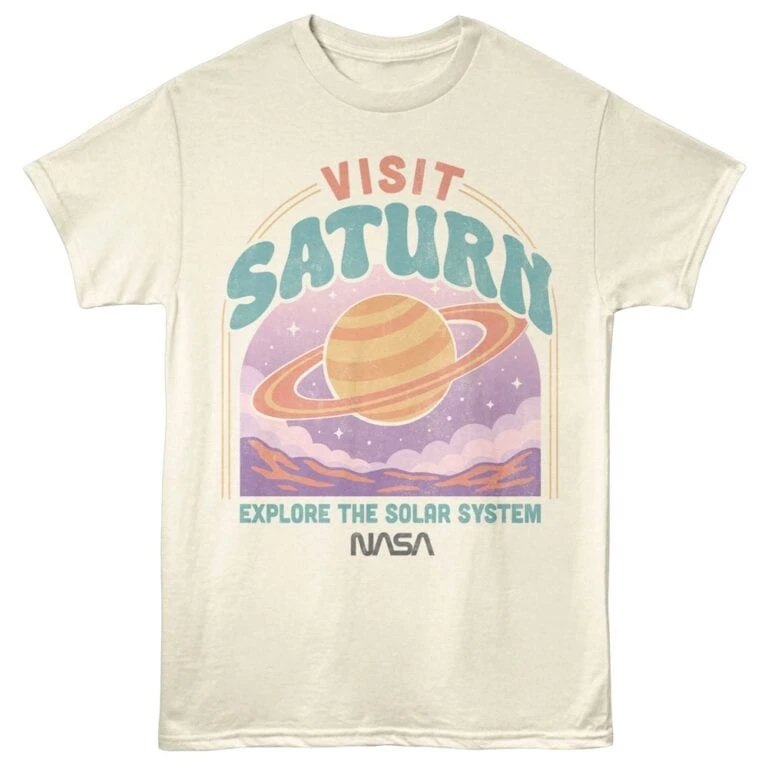 Explore space with Saturn-inspired tee featuring NASA imagery and cosmic colors.