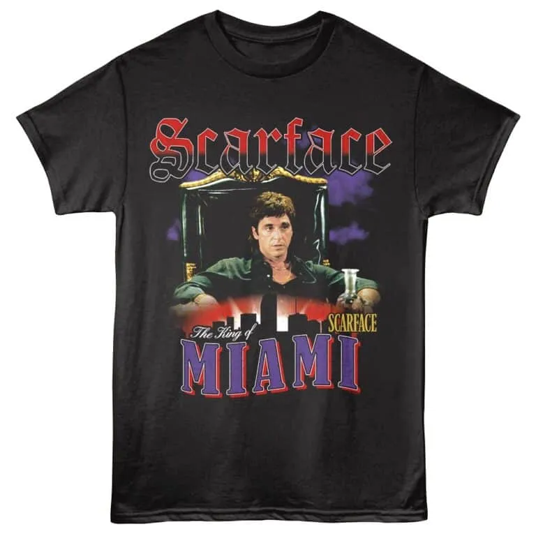 High-quality Scarface Miami themed T-shirt featuring Tony Montana design for fans of gangster movies.