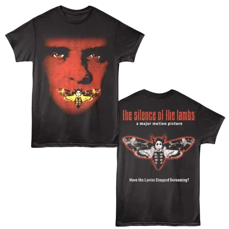 Promotional image of Silence of the Lambs T-shirt featuring a woman's face with a moth on her mouth, and movie title on the back.