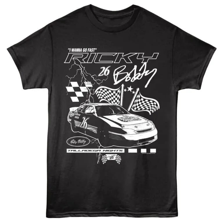 Race car themed T-shirt featuring NASCAR-inspired graphics and checkered flags.