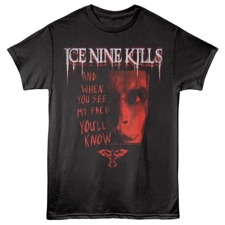 Horror band T-shirt featuring Ice Nine Kills' face with eerie graphic and bold red text.