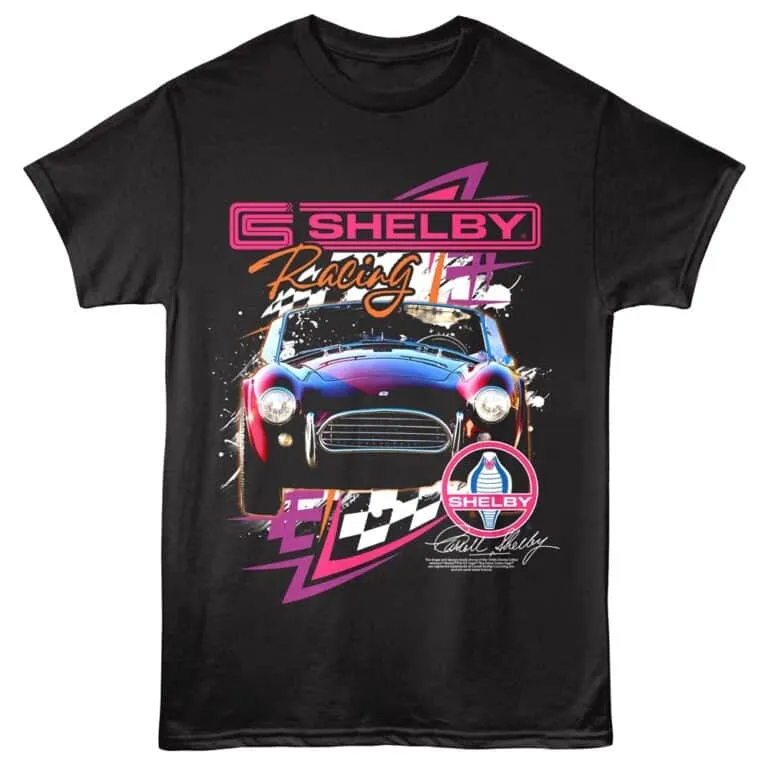 Colorful Shelby racing car graphic on a black tee for car enthusiasts.