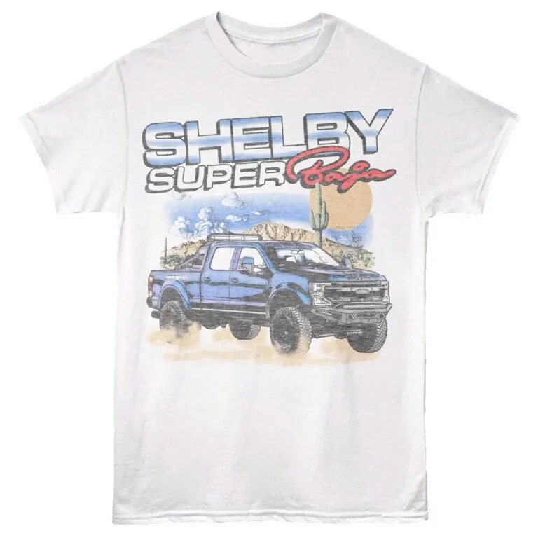 Vibrant Shelby Super Ranger graphic tee featuring a rugged off-road truck and desert scene, perfect for car enthusiasts.