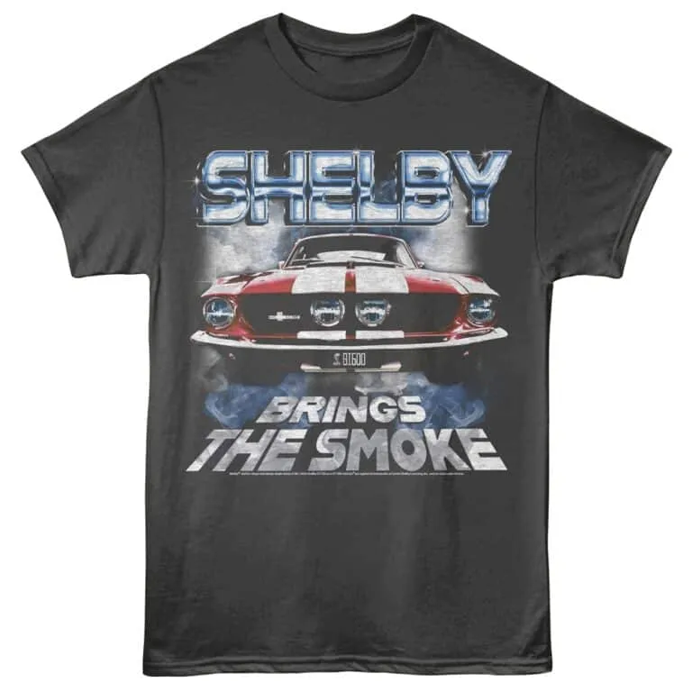 Vintage Shelby Mustang graphic tee with smoke and bold text. Perfect for car enthusiasts and muscle car fans.