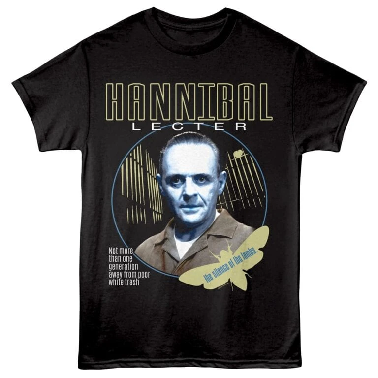 Hannibal lecture shirt featuring Hannibal Lecter with funny quote about white trash. Unique horror movie design.