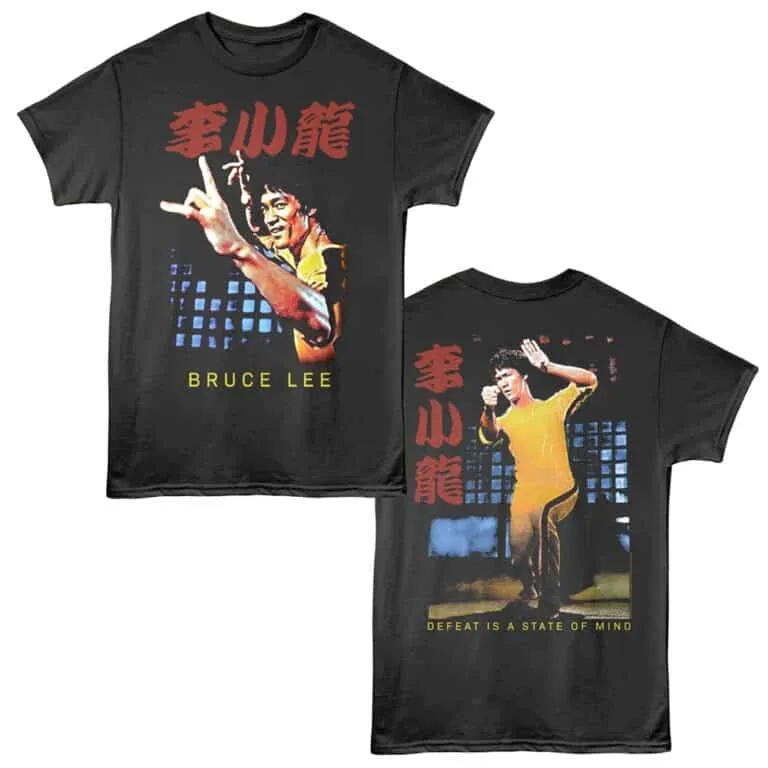 Bruce Lee inspired martial arts t-shirt featuring a dynamic image, empowering quote, and Asian calligraphy design.