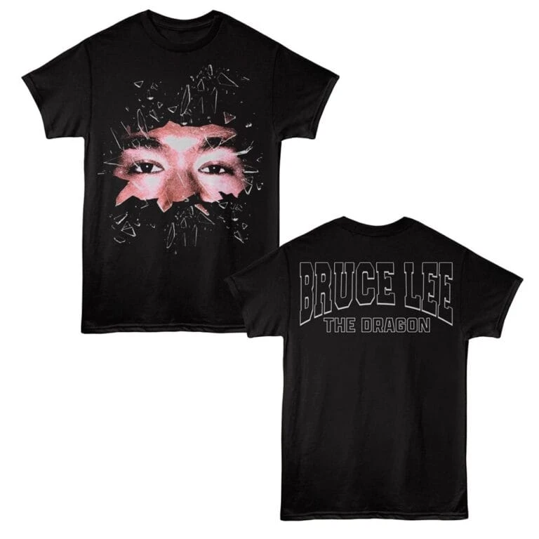 Bold black T-shirt featuring a shattered glass effect with an Asian woman's eyes, perfect for streetwear fashion.