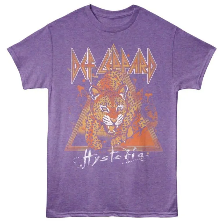 Vibrant purple Def Leppard "Hysteria" band graphic tee with a fierce leopard illustration. Perfect for rock music fans.