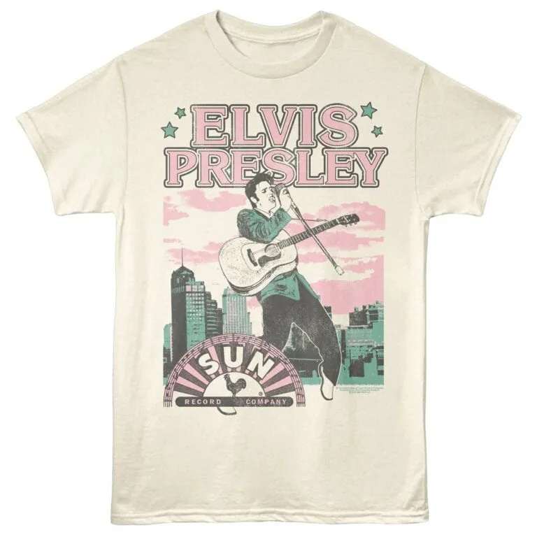 Vintage Elvis Presley music tee with city skyline and iconic imagery.