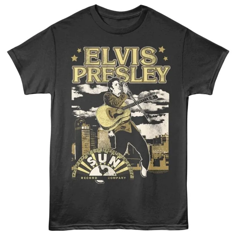 Elvis Presley vintage concert T-shirt featuring city skyline and music theme, perfect for rock & roll fans.