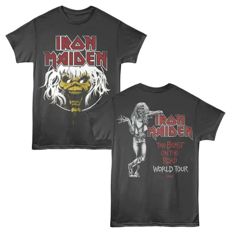 Metal band shirt featuring Iron Maiden's iconic imagery, perfect for rock music enthusiasts and concert goers.