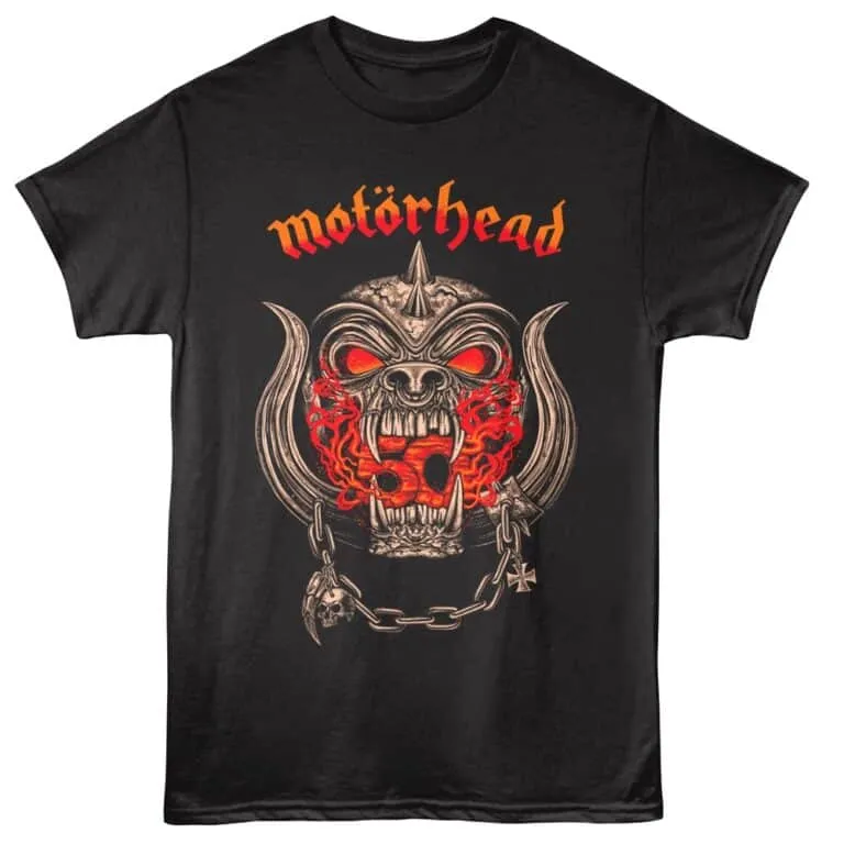 Gothic heavy metal band Motörhead inspired graphic T-shirt with skull, chains, and fiery details.